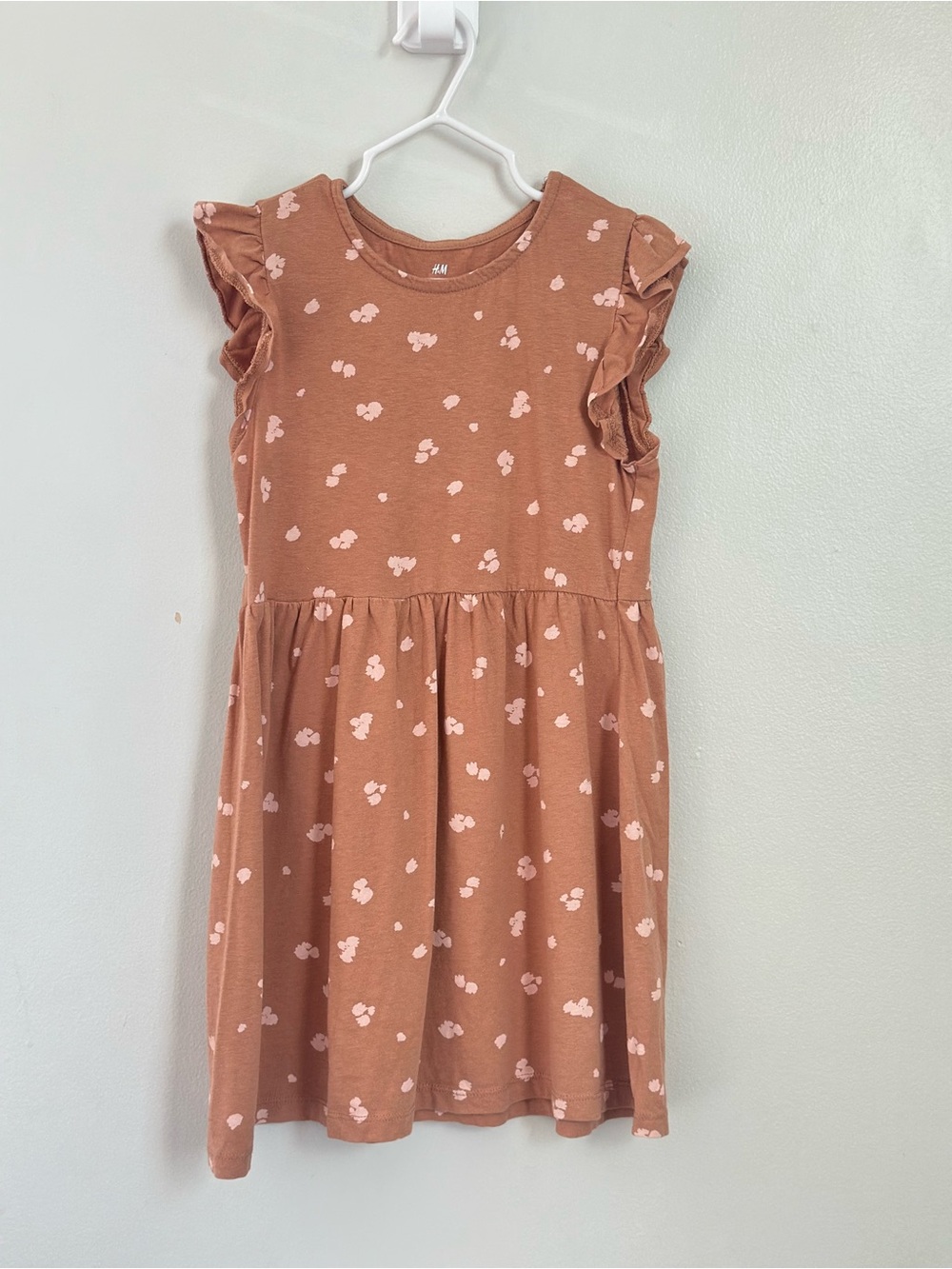 H&M Girls 5T/6 Brown Print Ruffle Sleeve Cotton Dress